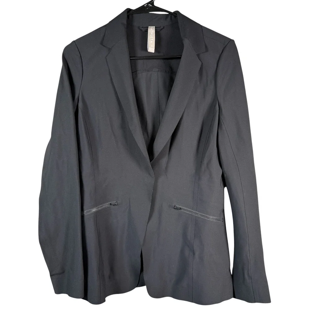 Athleta Chelsea Blazer Women 4 Black Zipper Pockets Stretch Commuter Travel Tech